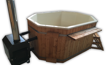 Lasikuituinen kylpytynnyri 1,8x2,4m 8-kulmainen ulkoisella kiukaalla